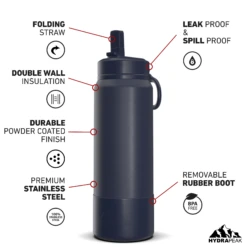 26oz Insulated Water Bottles With Matching Straw Lid And Rubber Boot - Navy -Best Cup Shop 26ozsportbootSTRAW20Nav