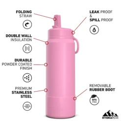 26oz Insulated Water Bottles With Matching Straw Lid And Rubber Boot - Bubblegum -Best Cup Shop 26ozsportbootSTRAW20bubblegum