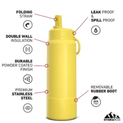 26oz Insulated Water Bottles With Matching Straw Lid And Rubber Boot - Lemon -Best Cup Shop 26ozsportbootSTRAW20lemo
