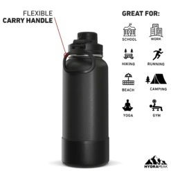 32oz Insulated Water Bottles With Matching Chug Lid And Rubber Boot- Black -Best Cup Shop 32ozsportchugBACKBLac