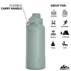 32oz Insulated Water Bottles With Matching Chug Lid And Rubber Boot- Pale Sage -Best Cup Shop 32ozsportchugBACKpaleSAG