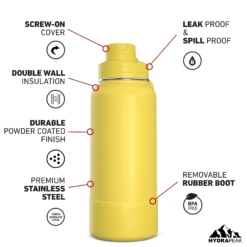 32oz Insulated Water Bottles With Matching Chug Lid And Rubber Boot- Lemon -Best Cup Shop 32ozsportchugturnLEmon