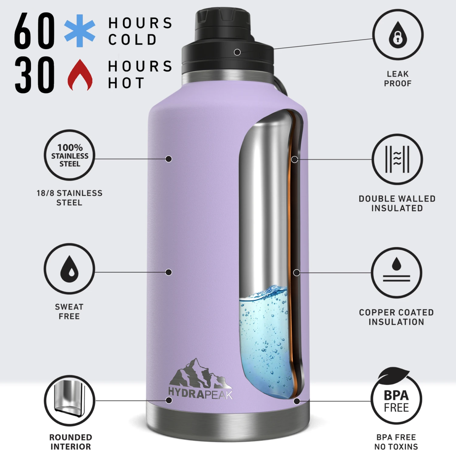 72oz Stainless Steel Insulated Water Bottle With Flexible Chug Lid- Lavender 72oz Stainless Steel Insulated Water Bottle With Flexible Chug Lid- Lavender -Best Cup Shop FADEDRED72oz
