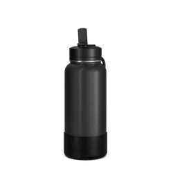 32oz Insulated Water Bottles With Matching Straw Lid And Rubber Boot- Black