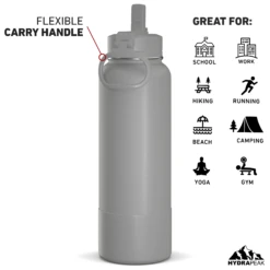 40oz Insulated Water Bottles With Matching Straw Lid And Rubber Boot - Grey -Best Cup Shop HP SPORTBOOT 40 Back 20d Grey