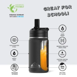 Mini 14oz Stainless Steel Kids Water Bottle With Straw Lid - Black -Best Cup Shop infographMINIblackwtext