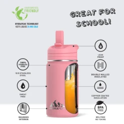 Mini 14oz Stainless Steel Kids Water Bottle With Straw Lid- Bubblegum -Best Cup Shop infographMINIbubblegumwtext